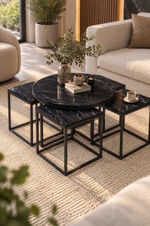 SuloraHome 5'li Sehpa Seti Bendir Siyah Mermer Desenli Metal Ayaklı