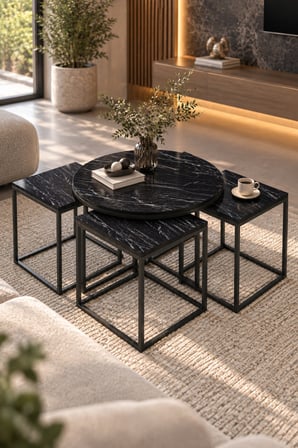 SuloraHome 5'li Sehpa Seti Bendir Siyah Mermer Desenli Metal Ayaklı