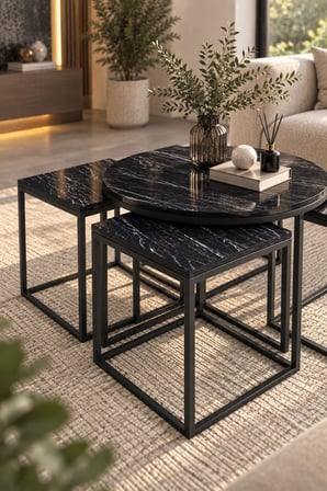 SuloraHome 5'li Sehpa Seti Bendir Siyah Mermer Desenli Metal Ayaklı