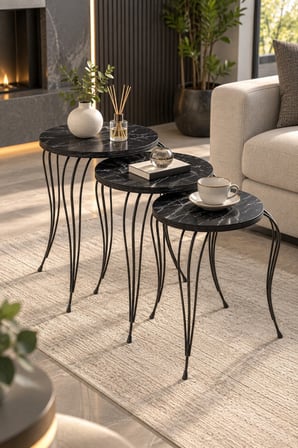 SuloraHome Lükens Ayaklı Mermer Desenli Siyah 3'lü Zigon Sehpa Takımı