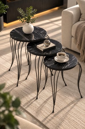 SuloraHome Lükens Ayaklı Mermer Desenli Siyah 3'lü Zigon Sehpa Takımı