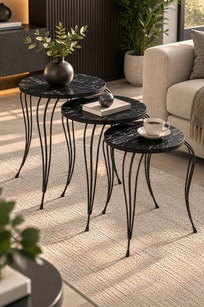 SuloraHome Lükens Ayaklı Mermer Desenli Siyah 3'lü Zigon Sehpa Takımı