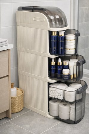 XL Portatif Dolap Çok Amaçlı Tekerlekli Banyo Dolabı Şeffaf Kapaklı Düzenleyici Organizer 