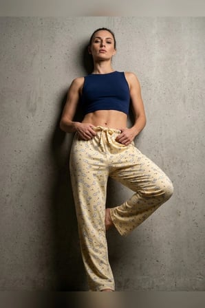 Kadın Tek Alt Pijama Büyük Beden Milan Kumaş Lastikli Bel Bağcıklı Sarı Bulut Desenli Homewear Ev Giyim