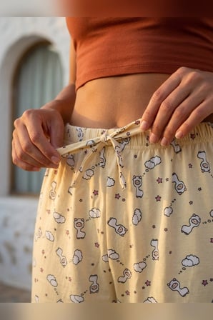 Kadın Tek Alt Pijama Büyük Beden Milan Kumaş Lastikli Bel Bağcıklı Sarı Bulut Desenli Homewear Ev Giyim