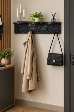 SuloraHome 5'li Duvar Askılığı ve Raflı Portmanto Siyah Mermer Desenli 80 cm