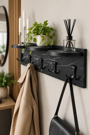 SuloraHome 5'li Duvar Askılığı ve Raflı Portmanto Siyah Mermer Desenli 80 cm