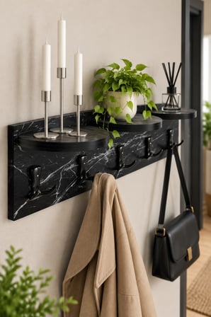 SuloraHome 5'li Duvar Askılığı ve Raflı Portmanto Siyah Mermer Desenli 80 cm