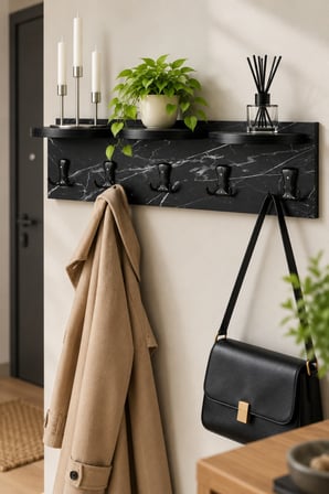 SuloraHome 5'li Duvar Askılığı ve Raflı Portmanto Siyah Mermer Desenli 80 cm