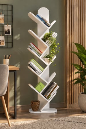 SuloraHome 10 Raflı Beyaz Ağaç Kitaplık