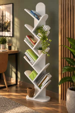SuloraHome 10 Raflı Beyaz Ağaç Kitaplık