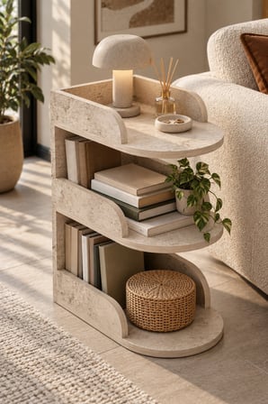 SuloraHome Ekru Traverten Desenli Yan Sehpa 60x43 cm
