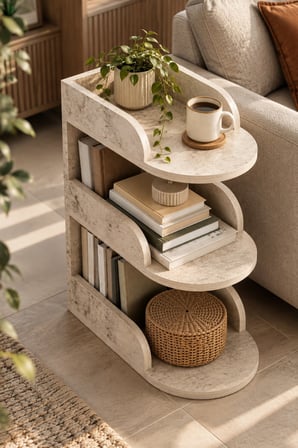 SuloraHome Ekru Traverten Desenli Yan Sehpa 60x43 cm