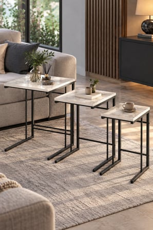 SuloraHome Efes Mermer Desenli Beyaz 3'lü Zigon Sehpa Seti