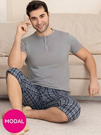 Erkek Bisiklet Yaka 3 Düğmeli Ekose Desen Modal Kısa Kol Cepli Kapri Pijama Takımı