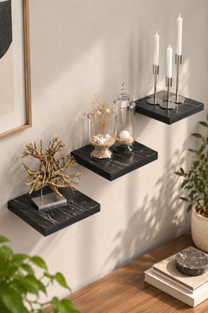SuloraHome 3'lü Siyah Mermer Desenli Kare Duvar Rafı Seti