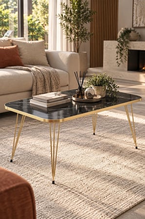 SuloraHome Siyah Mermer Görünümlü Gold Detaylı Orta Sehpa