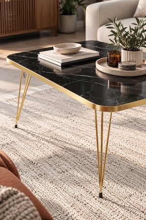 SuloraHome Siyah Mermer Görünümlü Gold Detaylı Orta Sehpa