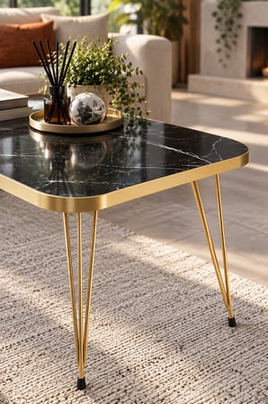 SuloraHome Siyah Mermer Görünümlü Gold Detaylı Orta Sehpa