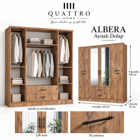 Albera 4 Kapaklı Aynalı 2 Çekmeceli Gardırop