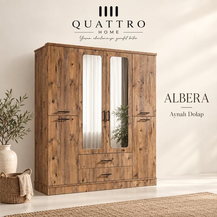 Albera 4 Kapaklı Aynalı 2 Çekmeceli Gardırop