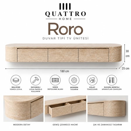 Roro Duvara Monte TV Ünitesi 180 cm Geniş Çekmeceli Modern Traverten Desenli TV Sehpası