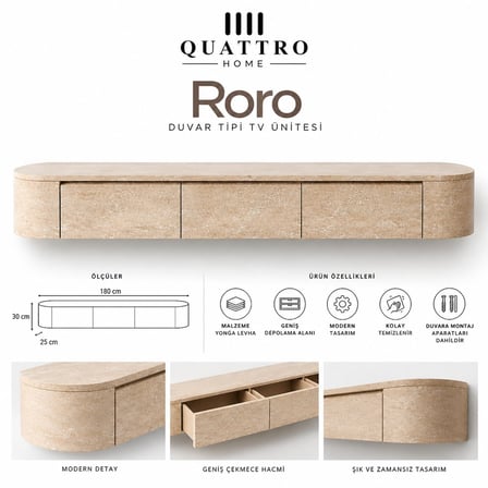 Roro Duvara Monte TV Ünitesi 180 cm Geniş Çekmeceli Modern Traverten Desenli TV Sehpası