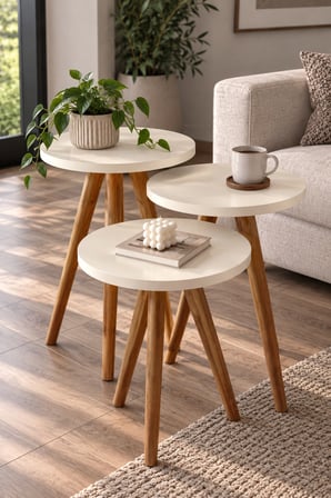 SuloraHome Krem Renkli 3'lü Yuvarlak Zigon Sehpa Takımı