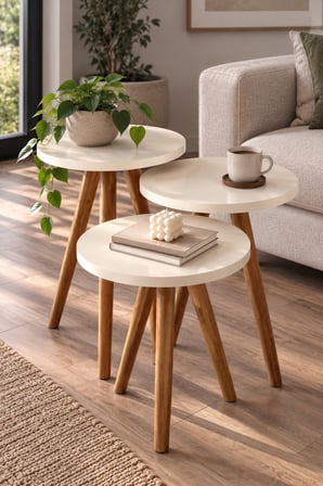 SuloraHome Krem Renkli 3'lü Yuvarlak Zigon Sehpa Takımı