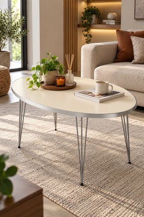 SuloraHome Gümüş Tel Ayaklı Oval Orta Sehpa Krem Bej