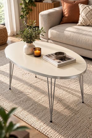 SuloraHome Gümüş Tel Ayaklı Oval Orta Sehpa Krem Bej