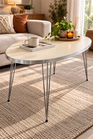 SuloraHome Gümüş Tel Ayaklı Oval Orta Sehpa Krem Bej