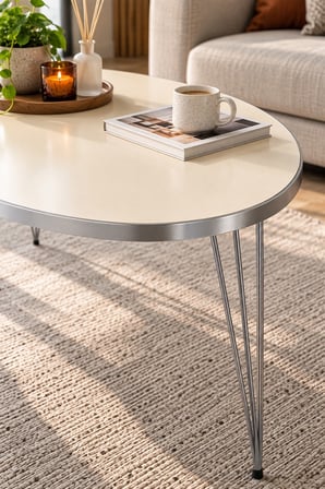 SuloraHome Gümüş Tel Ayaklı Oval Orta Sehpa Krem Bej