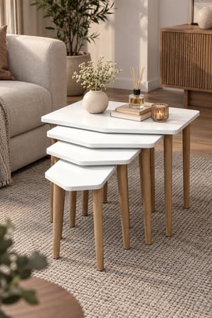 SuloraHome 4'lü Beyaz Zigon Sehpa Seti Ahşap Ayaklı