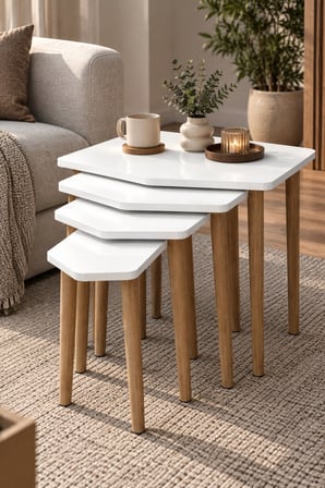 SuloraHome 4'lü Beyaz Zigon Sehpa Seti Ahşap Ayaklı
