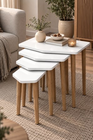 SuloraHome 4'lü Beyaz Zigon Sehpa Seti Ahşap Ayaklı