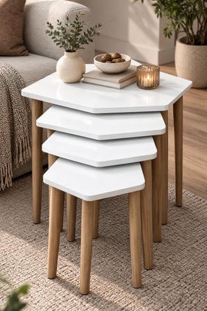SuloraHome 4'lü Beyaz Zigon Sehpa Seti Ahşap Ayaklı
