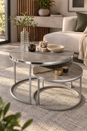 SuloraHome Gümüş Metal Ayaklı Mermer Desenli 2'li Yuvarlak Orta Sehpa Seti