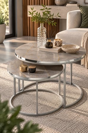 SuloraHome Gümüş Metal Ayaklı Mermer Desenli 2'li Yuvarlak Orta Sehpa Seti