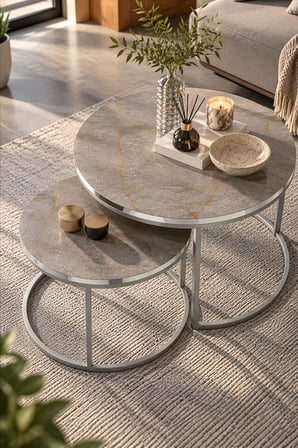SuloraHome Gümüş Metal Ayaklı Mermer Desenli 2'li Yuvarlak Orta Sehpa Seti