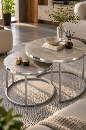 SuloraHome Gümüş Metal Ayaklı Mermer Desenli 2'li Yuvarlak Orta Sehpa Seti