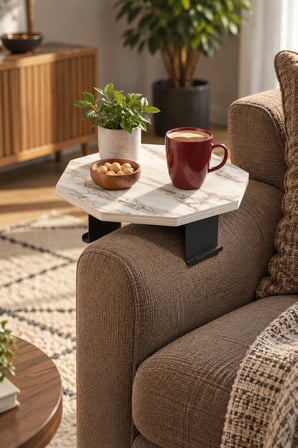 SuloraHome Ayarlanabilir Sekizgen Yan Sehpa Beyaz Mermer Desenli