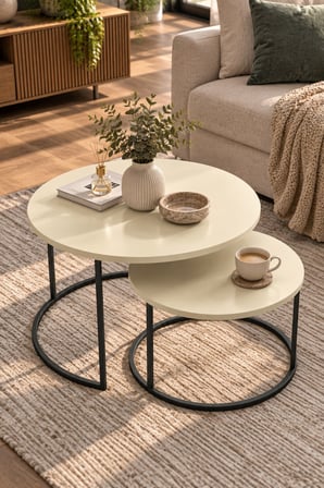 SuloraHome Krem Renkli Metal Ayaklı İkili Orta Sehpa Seti