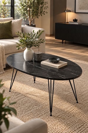 SuloraHome Oval Mermer Desenli Siyah Orta Sehpa Tel Ayaklı