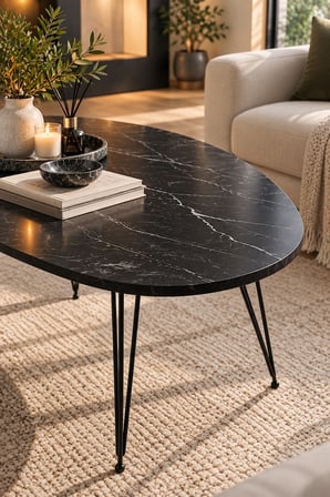 SuloraHome Oval Mermer Desenli Siyah Orta Sehpa Tel Ayaklı