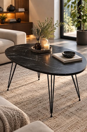 SuloraHome Oval Mermer Desenli Siyah Orta Sehpa Tel Ayaklı