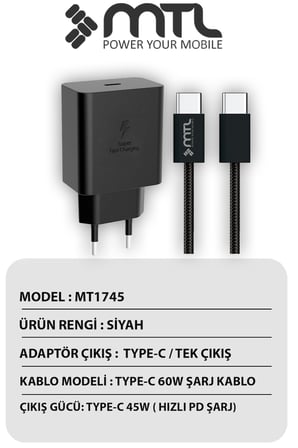 45W Süper Hızlı 2.0 Type-C Adaptör + Type-C to Type-C Kablo Süper Fast Şarj Seti MT 1745