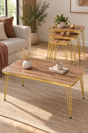 SuloraHome Ceviz Desenli Gold Metal Ayaklı 4'lü Sehpa Seti