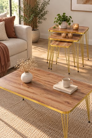 SuloraHome Ceviz Desenli Gold Metal Ayaklı 4'lü Sehpa Seti