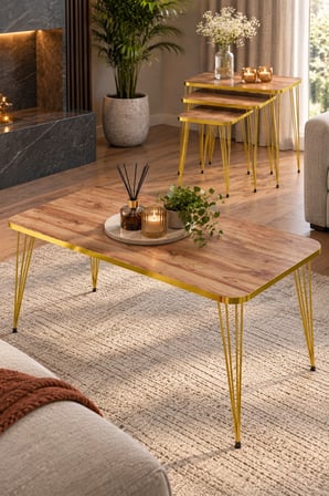 SuloraHome Ceviz Desenli Gold Metal Ayaklı 4'lü Sehpa Seti